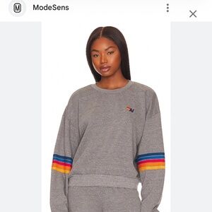 Aviator Nation Rainbow Stitch Sleeve Sweatshirt In Heather
